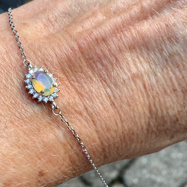Fire Opal & Cubic Zirconia 925 Sterling Silver Bracelet, 7.5 Inches